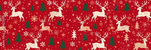 Festive christmas pattern featuring reindeer, snowflakes, and christmas trees on a red background