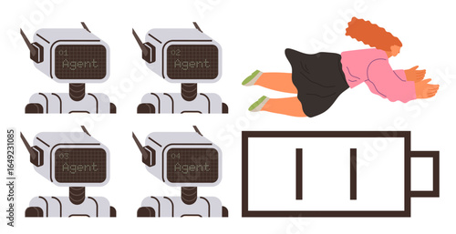 Female figure falling near identical robots with large low-battery symbol. Ideal for automation, technology fatigue, energy drain, dependency, AI, futuristic concepts, simple flat metaphor