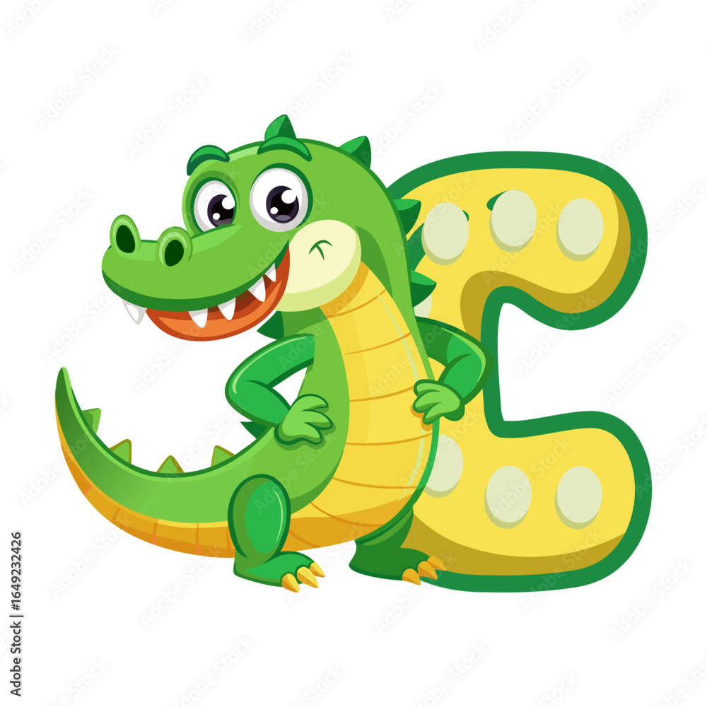 Naklejka premium Playful Alligator Character Holding Giant Alphabet C, Fun Cartoon Vector Illustration for Kids, Preschool Learning, Educational Children Book Design