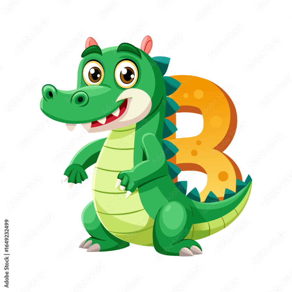 Obraz premium Playful Alligator Character with Big Bold Alphabet B, Fun Cartoon Animal Illustration for Children’s Book, Educational Kids Learning Design