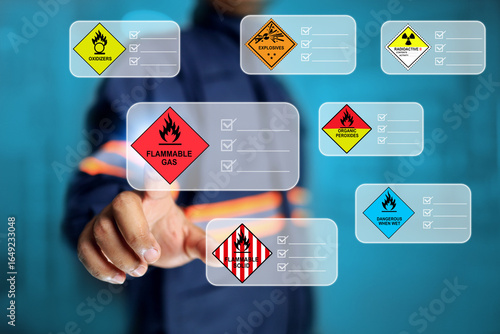 Plakat dangerous substance concept with safety staff pointing virtual tag symbol represent to warning when working with hazardous materials