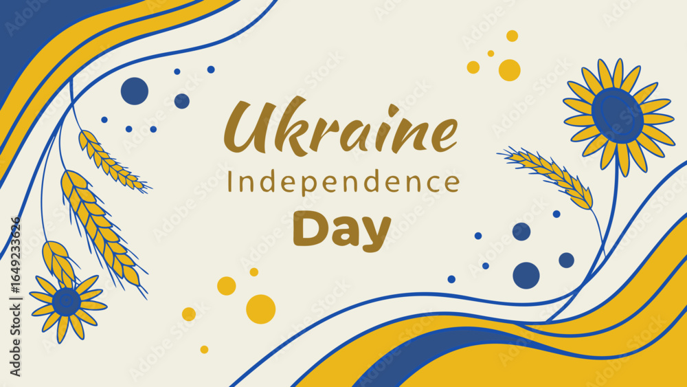 Obraz premium Watercolor Ukraine Independence Day template with blue-yellow washes, sunflower and wheat art, soft patriotic flag waves, and elegant calligraphy for print or digital celebration.