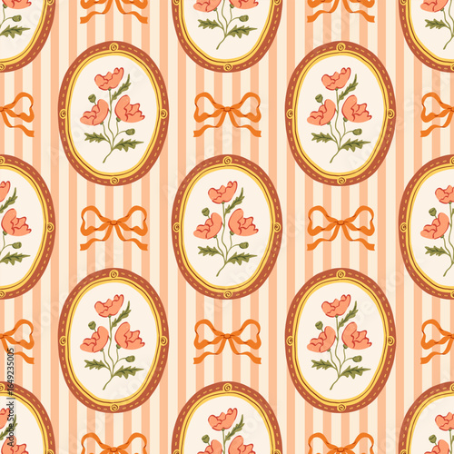 Preppy seamless pattern on a striped background with hand drawn flowers in vintage frames and bow. Cottagecore coquette trendy print in fall colors. Vector illustration for textile, wrapping paper.