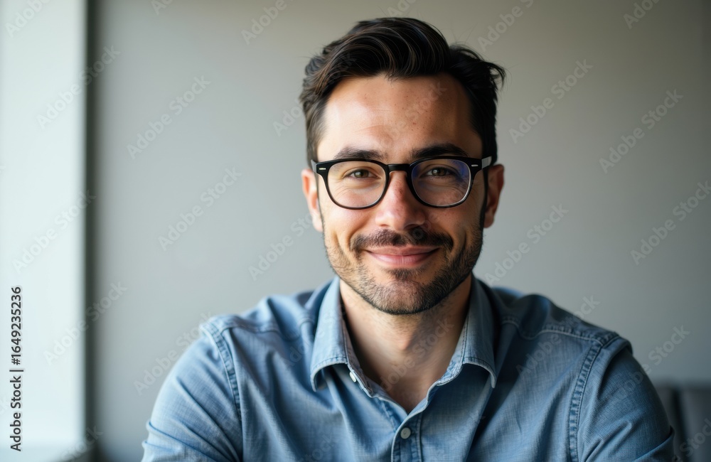 Fototapeta premium Smiling man wearing glasses in a casual shirt looking at the camera