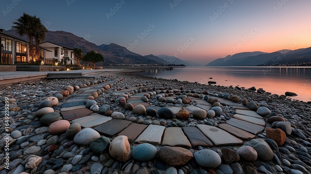 Obraz premium Lakeside Modern Villa with Pebble Path at Dusk