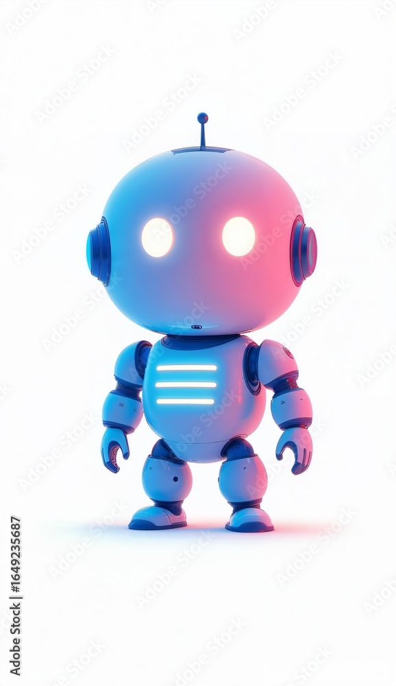 Fototapeta premium A cute, futuristic robot with glowing eyes and a friendly design stands against a white background.