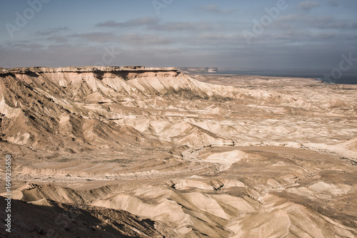 Cliff edge and lunar desert landscape with ocean near Moçâmedes, Angola