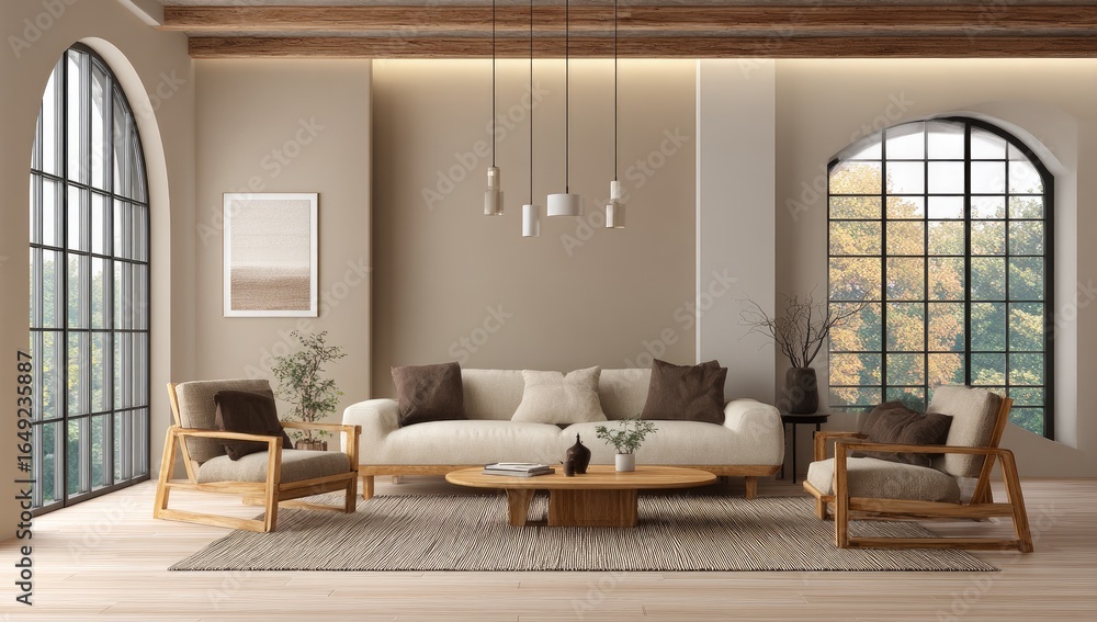 Fototapeta premium Beige and wood living room with large windows