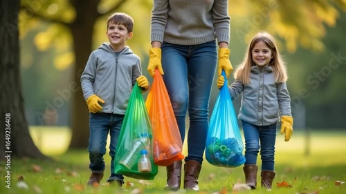 Mother and two children collecting trash in park during autumn  