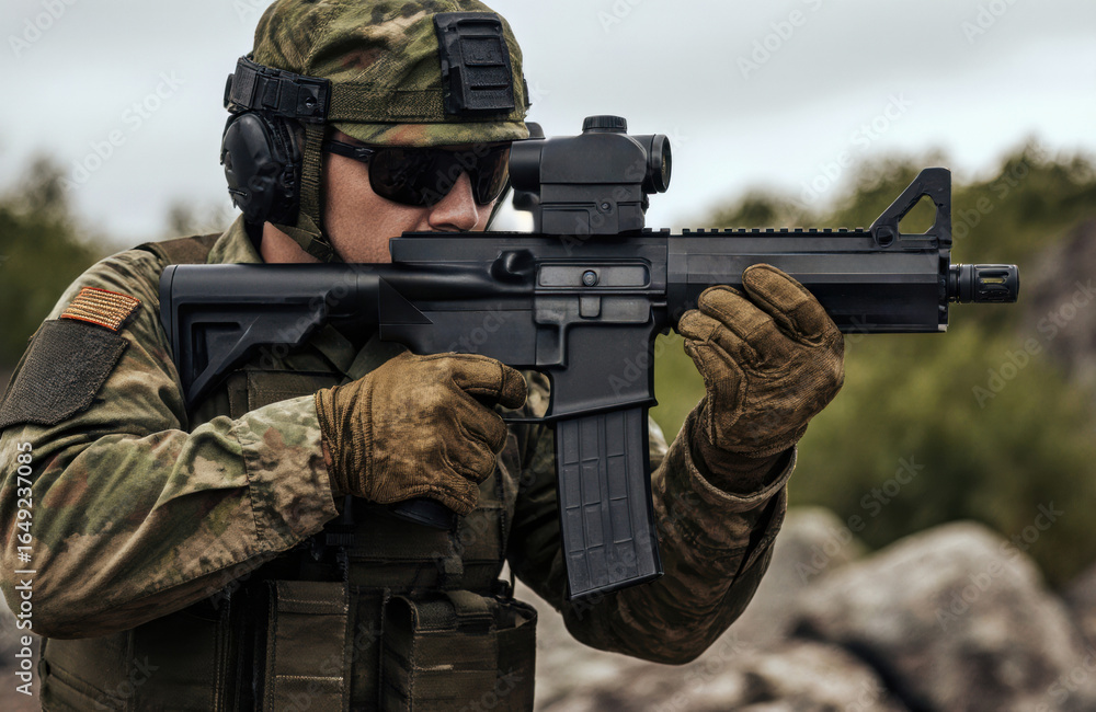 Fototapeta premium Soldier aiming with rifle outdoors in military gear and camouflage clothing