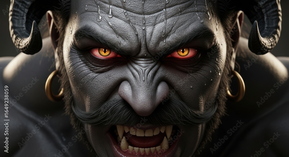 Naklejka premium Intense Close Up Portrait of a Demonic Being with Glowing Eyes and Horns