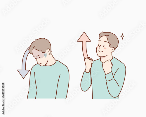 feeling up and down: flat male character emotions. Hand drawn style vector design illustrations.