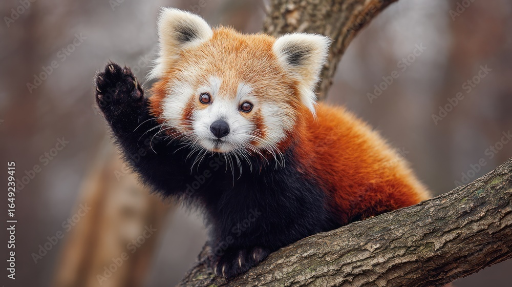 Obraz premium Adorable Red Panda Waves Hello from a Tree Branch