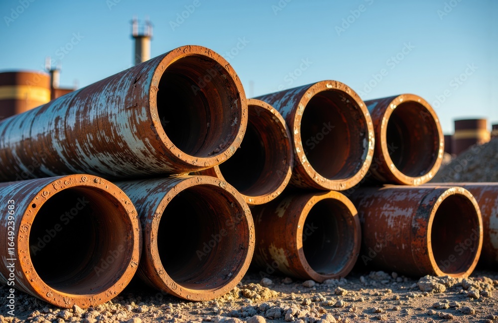 Large rusty steel pipes stacked outdoors on gravel surface under clear blue sky Large rusty steel pipes stacked outdoors on gravel surface under clear blue sky