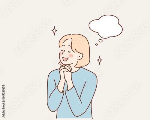Hopeful Young Woman Making a Wish with Joyful Smile. Hand drawn style vector design illustrations.
