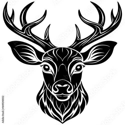 Elegant deer head silhouette with detailed antlers, perfect for logo design, branding, or artistic projects, evoking a sense of nature and grace.