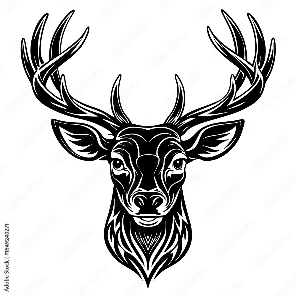 Naklejka premium Elegant black and white deer head illustration perfect for logos, branding, and sophisticated design projects seeking a touch of nature