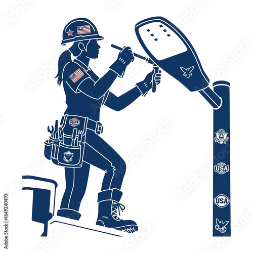 Electrical Worker: A skilled female electrician, clad in protective gear and tool belt, meticulously repairs a street light, showcasing dedication to her craft.