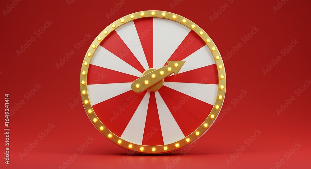 Obraz premium A 3D rendered carnival wheel with golden rim and arrow on red background