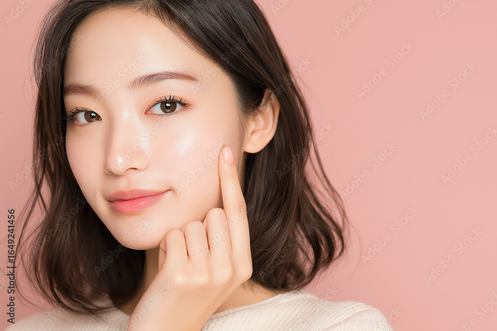 Close-Up Portrait of a Japanese Woman with Radiant Skin Touching Her Cheek Close-Up Portrait of a Japanese Woman with Radiant Skin Touching Her Cheek