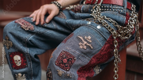 Close Up of Embroidered Denim Jeans with Metal Chains