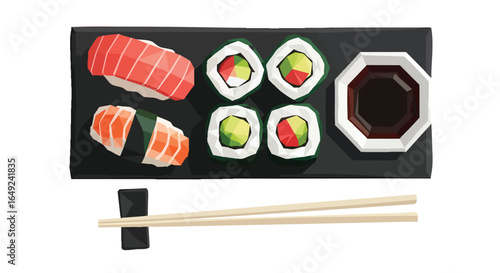 Delicious Japanese sushi platter vector illustration, Fresh Nigiri, Maki Rolls, Soy Sauce, Chopsticks