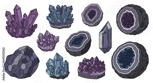 Vibrant Hand-Drawn Mystical Crystal and Geode Illustrations, Amethyst, Quartz, Minerals, Spiritual, Magic