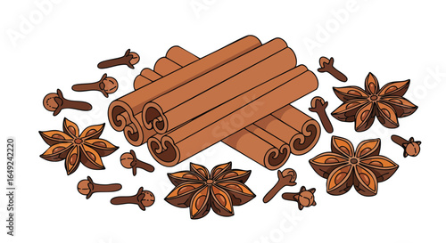 Aromatic Winter Spices Cartoon Illustration Set, Cinnamon Sticks, Star Anise, Cloves, Baking, Flavor