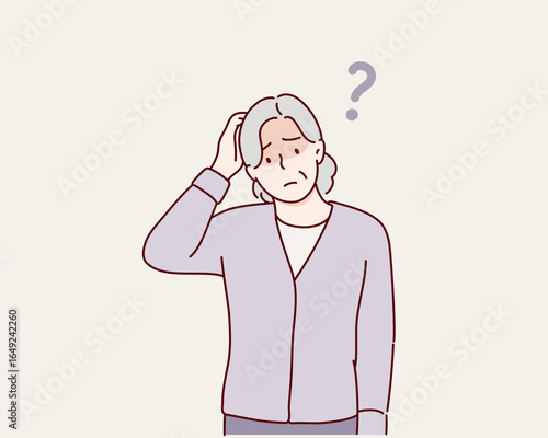 Confused puzzled bewildered senior woman with doubtful surprised expression looking away. Hand drawn style vector design illustrations.