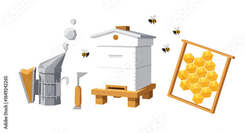 Beekeeping Essentials Flat Illustration Set Isolated, Beehive, Honeycomb, Bees, Smoker, Apiary, Beekeeping Equipment