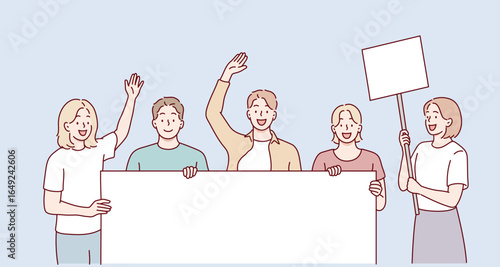 Protest people with blank signs isolated on white. Hand drawn style vector design illustrations.