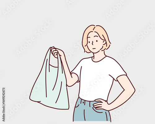 Young woman holding non recyclable plastic bag. Hand drawn style vector design illustrations.