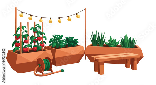 Isometric Urban Garden Layout Design Vector Set, Planters, Tomatoes, Bench, String Lights