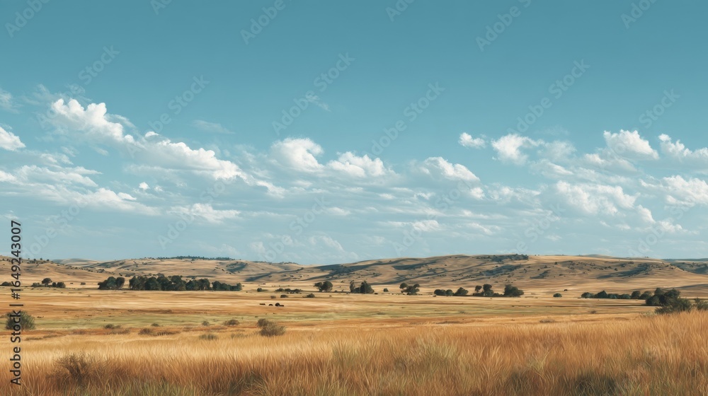 Obraz premium Golden Field Under a Blue Sky with Rolling Hills