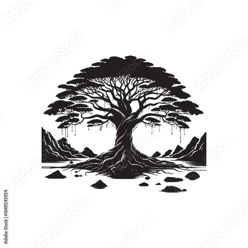 Photos Banyan Tree Silhouette in Black on White Background.