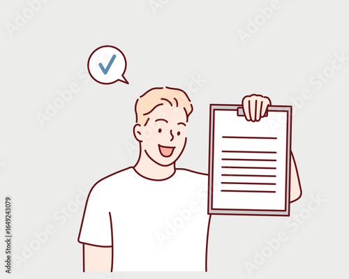 Young man checking contract before signing.Hand drawn style vector design illustrations.