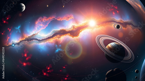 A cosmic panorama showcasing a vibrant nebula, majestic ringed planets, and a constellation of celestial bodies in a breathtaking display of interstellar beauty