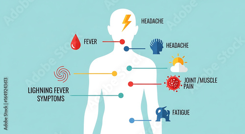 A medical infographic showing the symptoms of Lightning Fever on a human body silhouette.