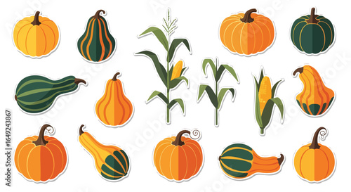 Vibrant Autumn Harvest Pumpkin and Corn Stickers, Pumpkins, Gourds, Corn, Fall, Thanksgiving, Halloween, Seasonal