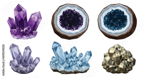 Vibrant geometric mineral crystal and geode collection, Amethyst, Quartz, Pyrite, Gemstone, Low Poly, Vector