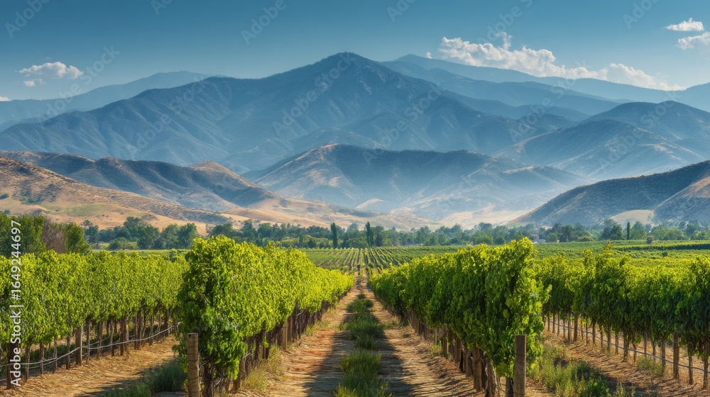 Fototapeta premium Vineyard Landscape with Mountain Range Background