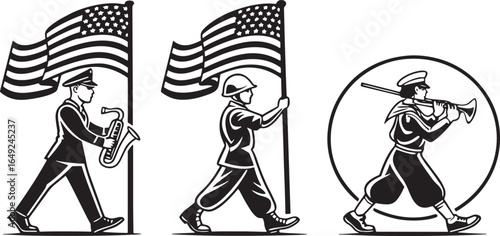 Marching band members playing instruments with American flags musician saxophone