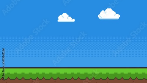 8-bit pixel art 2d platformer game style background. blue sky, clouds and green grass with bushes. looped animation 4k 30fps