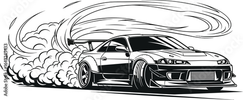 Illustration of a modified car drifting with smoke coming from the tires isolated on white background