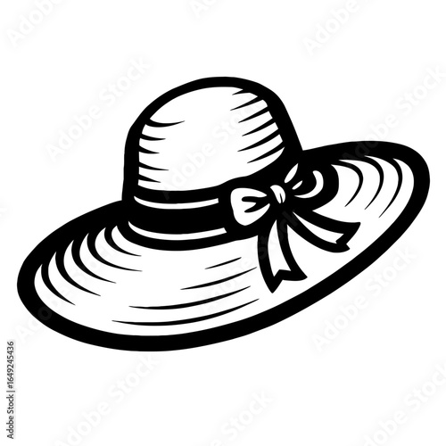 Sun Hat with Ribbon and Bow Vector - A Black and White Hand-Drawn Design of a Classic Summer Accessory