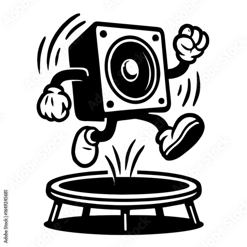 A classic vector illustration of a speaker with a cartoon face and arms jumping on a trampoline, representing fun, sound, and a vibrant lifestyle.
