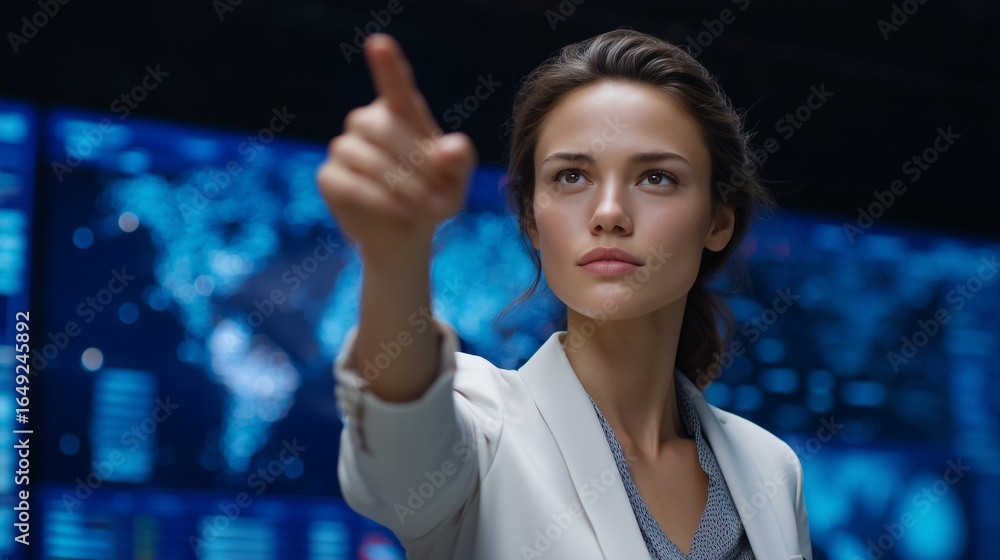 Obraz premium Advanced cyber defense center with multiple large screens displaying real-time analytics, where a female cybersecurity specialist points to key threat indicators while coordinating