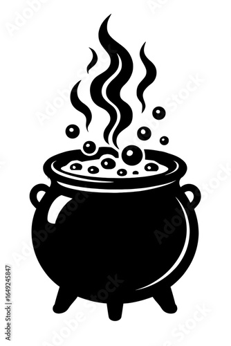 A bubbling black cauldron with a boiling potion and magical steam, perfect for Halloween designs or a spooky theme.