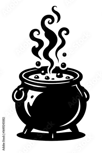 A bubbling black cauldron with a boiling potion and magical steam, perfect for Halloween designs or a spooky theme.