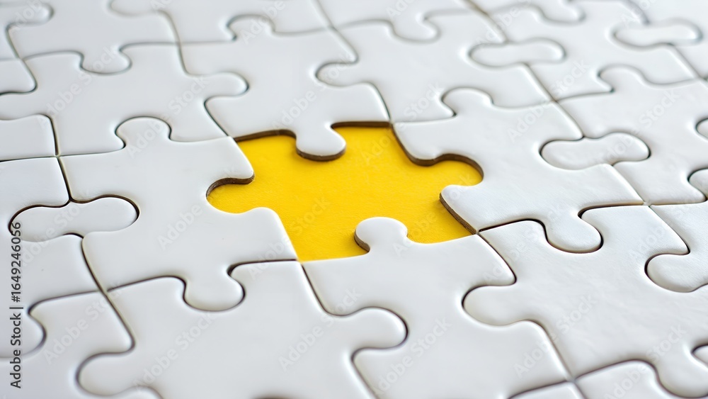 Fototapeta premium Missing yellow puzzle piece in a white jigsaw puzzle